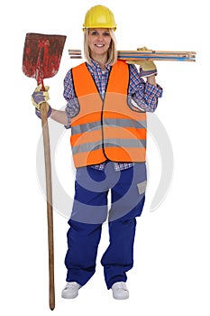 Young female construction worker woman job full body isolated photo