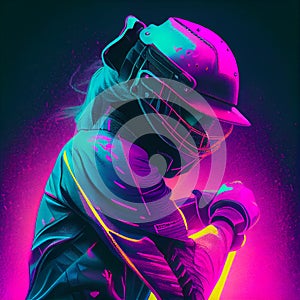 Young Female Cricket Player Illustration with Neon Colours and Energetic Vibe. Created with Generative AI Technology.