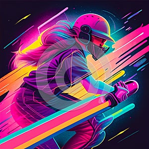 Young Female Cricket Player Illustration with Neon Colours and Energetic Vibe. Created with Generative AI Technology.