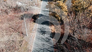 Young female cyclist riding on road bike at autumn forest, aerial drone view. Rear follow view of woman cycling on bicycle in autu