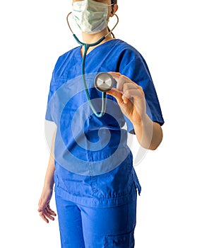 Young female doctor in blue medical uniform holding stethoscope