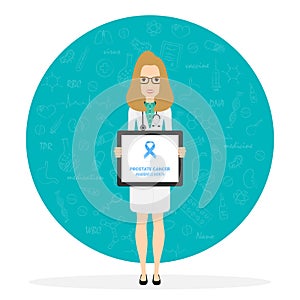 Young female doctor with blue ribbon prostate cancer awareness concept