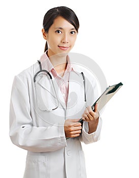 Young female doctor with patient file chart
