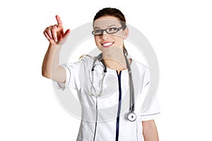 Young female doctor pointing something