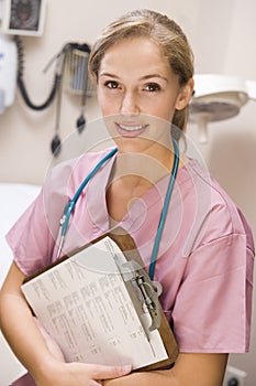 Young Female Doctor In Scrubs,Holding A Clipboard