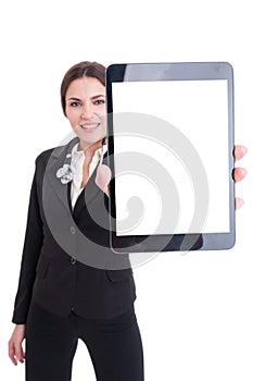 Young female doctor showing tablet with blank screen or display