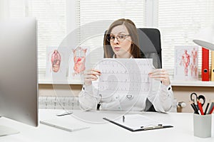 Young female doctor sitting at desk with medical documents, electrocardiogram record, heart ekg cardiogram chart of wave