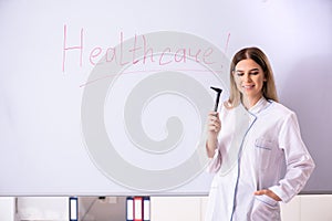 The young female doctor standing in front of the white board