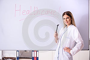 The young female doctor standing in front of the white board