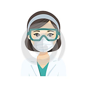 Young female doctor wearing the n95 respiratory protection mask and glasses, against infectives diseases. Vector illustration
