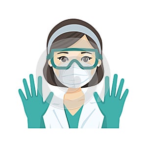 Young female doctor wearing the n95 respiratory protection mask, glasses and gloves, against infectives diseases. Vector