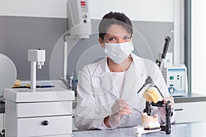 Young female doctor working on dental prosthesis laboratory