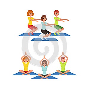 Young Female Doing Yoga and Squatting on Mat Vector Set