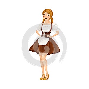 Young Female Dressed in Traditional German or Bavarian Costume with Apron Vector Illustration