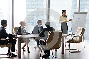 Young female employee present project on flipchart to colleagues