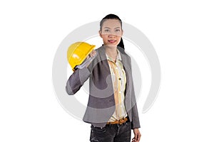 Young female engineer with isolated on white background