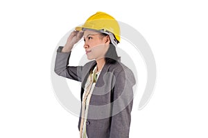 Young female engineer with isolated on white background