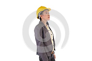 Young female engineer with isolated on white background