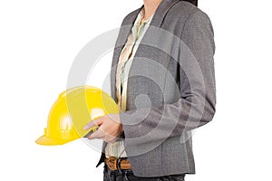 Young female engineer with isolated on white background