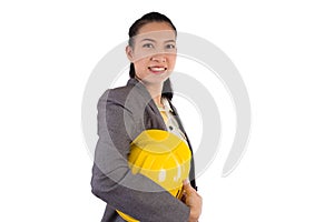 Young female engineer with isolated on white background