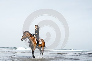 young female equestrian riding horse