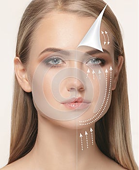 The young female face. Antiaging and thread lifting concept