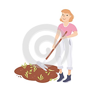 Young Female Farmer or Agricultural Worker with Hoe Grubbing and Pulling Weeds Vector Illustration