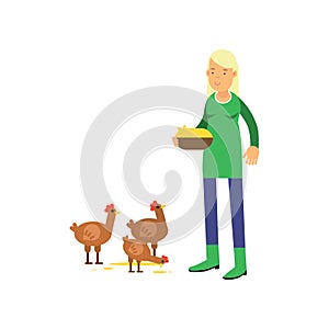 Young female farmer cartoon character in green rubber boots feeding chickens