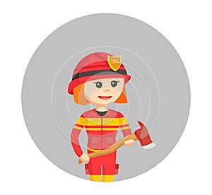 Young female firefighter holding a axe