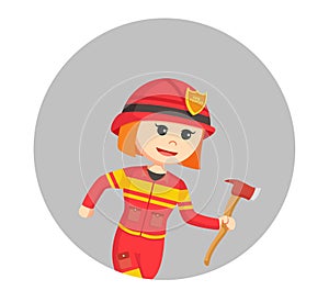 Young female firefighter running with axe