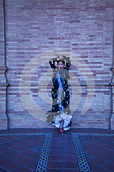 Young female flamenco artist, Hispanic and brunette, with typical flamenco dance suit in movement. Concept of flamenco, dancer,