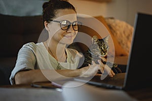 Young female freelancer student working at home at night using laptop with gray cat companion in her arms