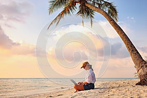 Young female freelancer wearing straw hat working on laptop while sitting on tropical beach at sunset