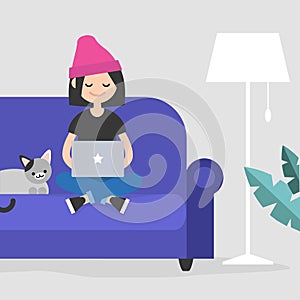 Young female freelancer working at home / flat editable vector i