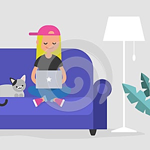 Young female freelancer working at home / flat editable vector i