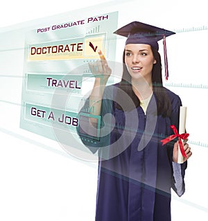 Young Female Graduate Choosing Doctorate Button on Translucent P photo