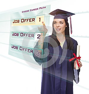 Young Female Graduate Choosing Job Button on Translucent Panel