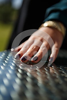 A young female hand with dark glittery nail polish