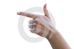 Young female hand with finger pointing isolated on a white background
