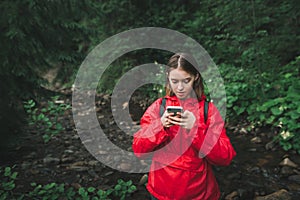 Young female hiker is concentrated on her smartphone, texting and feeling puzzled in the fir woods. Tourist girl in a red raincoat