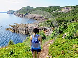 A young female hiker standing above the atlantic ocean overlooking the rugged coast of Newfoundland and Labrador, Canada