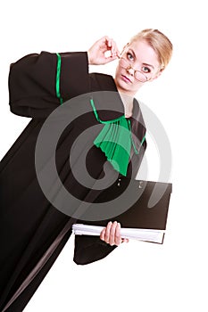 Young female lawyer attorney wearing classic polish black green gown