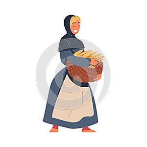Young Female Peasant from Middle Ages Wearing Long Dress with Apron Carrying Wicker Basket Vector Illustration