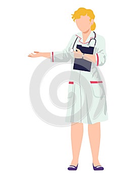 Young female professional doctor and stethoscope, woman wear medical gown cartoon vector illustration, isolated on white