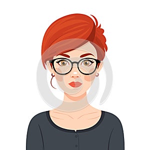 Young female professional standing confidently, red hair, stylish glasses, modern fashion. Casual photo