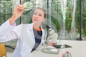 Young female researcher examining leaves under microscope at lab