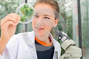 Young female researcher examining leaves under microscope at lab