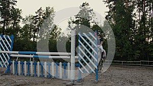 Young female rider on bay horse jumping over hurdle on equestrian sport competition.