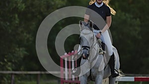 Young female rider on bay horse jumping over hurdle on equestrian sport competition.