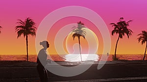 Young female running along the ocean side of the road with coconut palm trees in sunset. 3d Synthwave animated